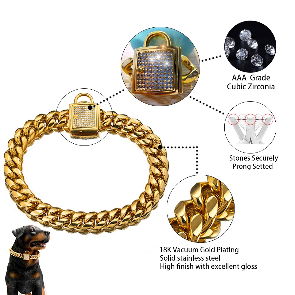 Dog Chain Collar Stainless Steel Gold Dog Chain Collar with Zirconia Lock Luxury Dog Necklace 14MM Cuban Chain Pet Supplies