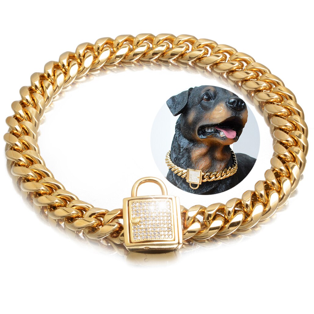 Dog Chain Collar Stainless Steel Gold Dog Chain Collar with Zirconia Lock Luxury Dog Necklace 14MM Cuban Chain Pet Supplies